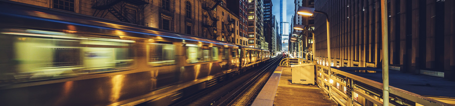 Panoramic view of Train line towards Chicago Loop by night, USA